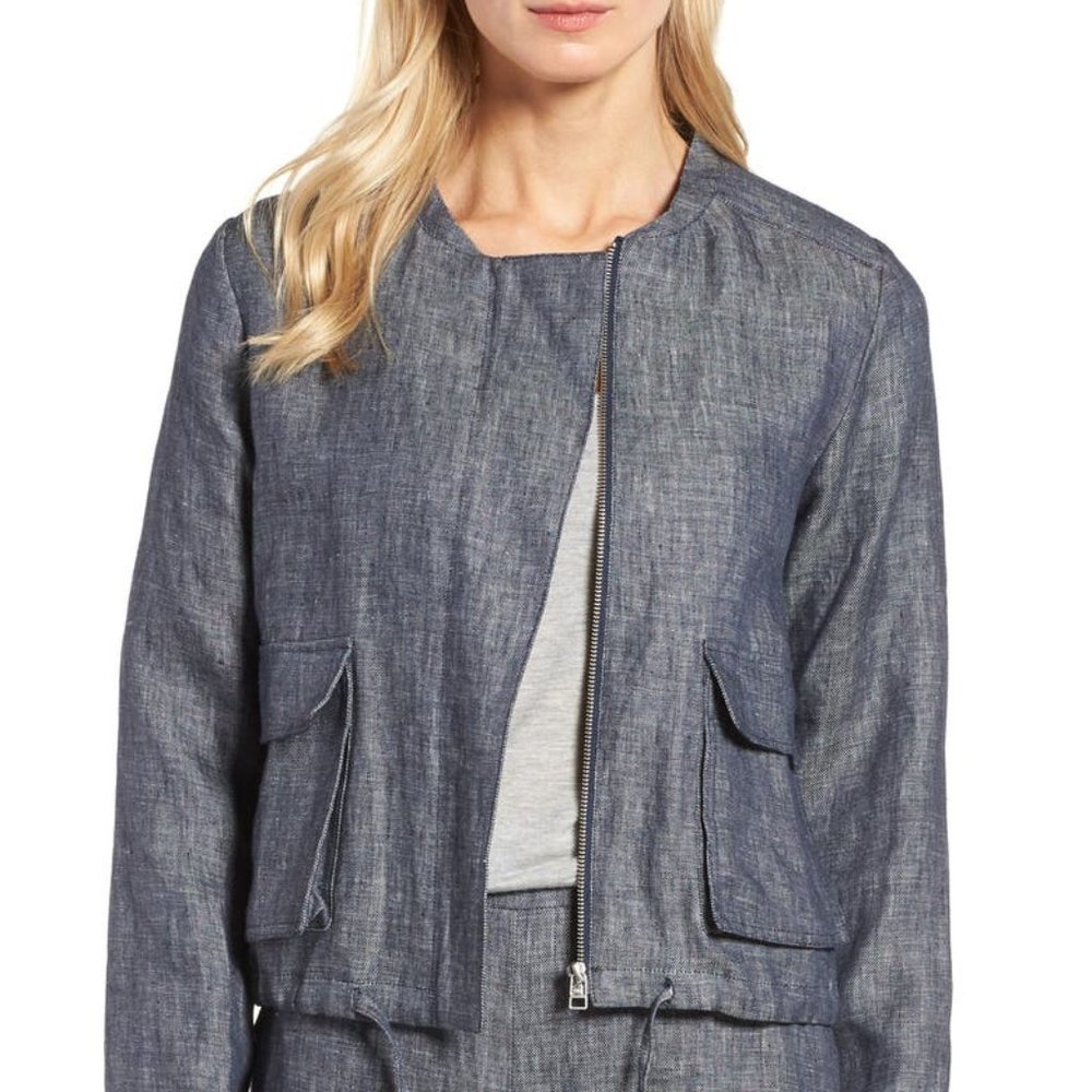 Halogen blue white linen zipper bomber jacket L